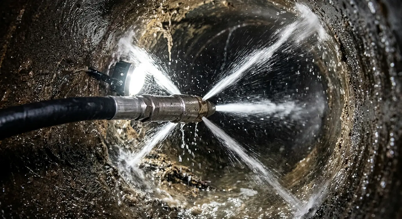High-pressure hydro jetting nozzle cleaning sewer pipe for Sewer Cleanout in Northlake