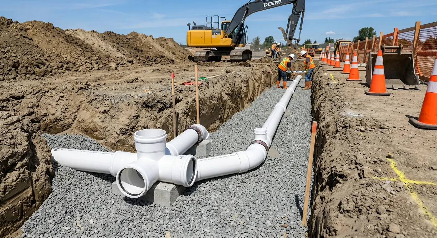 New PVC sewer pipe installation in open trench for Sewer Backup in Northlake