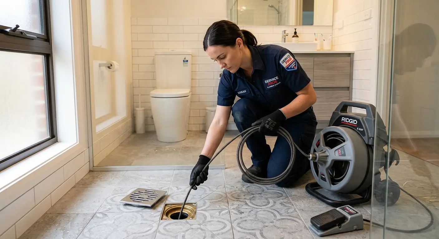 Technician clearing a bathroom floor drain for Drain Cleaning in Northlake